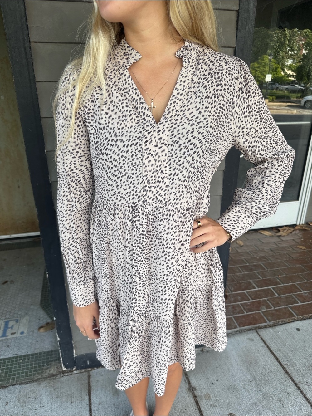 Karlie Cream and Black Spotted Long Sleeve Ruffle Dress